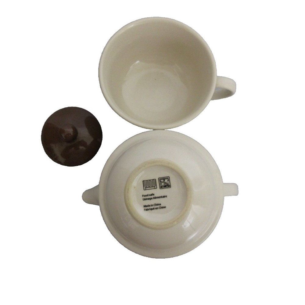 Stoneware Tea for One 3 pc Stackable Set with Teapot & Cup Cream w/Brown Lid - Picture 6 of 13